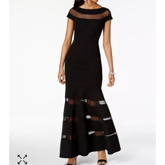 VINCE CAMUTO Black Illusion Sheer Mesh Stripe Trumpet Formal Ballroom Dress - Picture 2 of 14